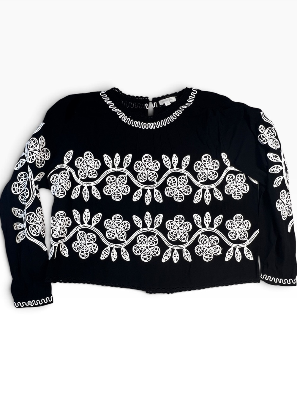 Black White Embroidered Boho Peasant Blouse XL Cotton Folk Floral Cottagecore